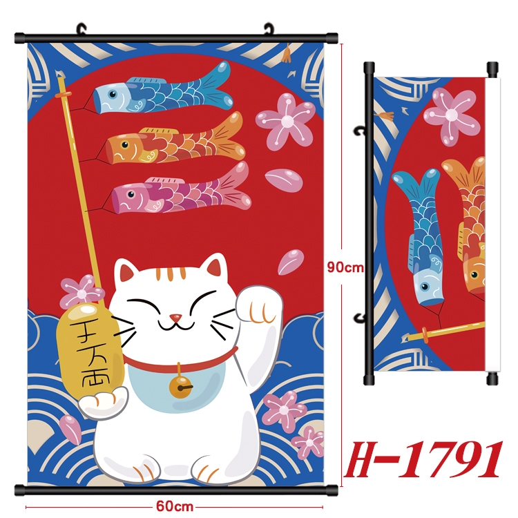 Fortune cat Cartoon Black Plastic Rod Canvas Painting Wall Scroll 60X90CM H-1791