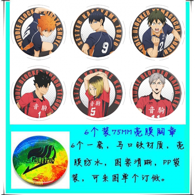 Haikyuu!! Anime round Badge Bright film badge Brooch 75mm a set of 6
