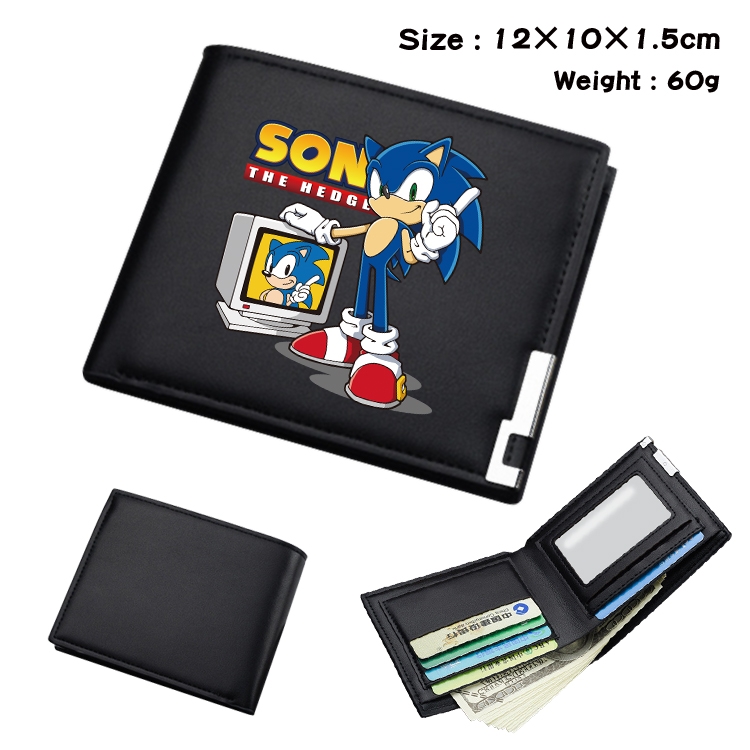 Sonic The Hedgehog Anime Coloring Book Black Leather Bifold Wallet 12x10x1.5cm