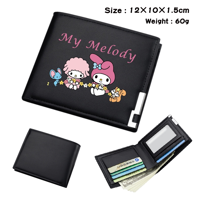 melody Cartoon Coloring Book Black Leather Bifold Wallet 12x10x1.5cm