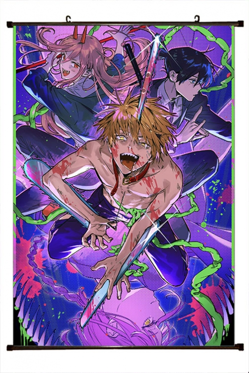 Chainsaw man Anime black Plastic rod Cloth painting Wall Scroll 60X90CM  D3-4