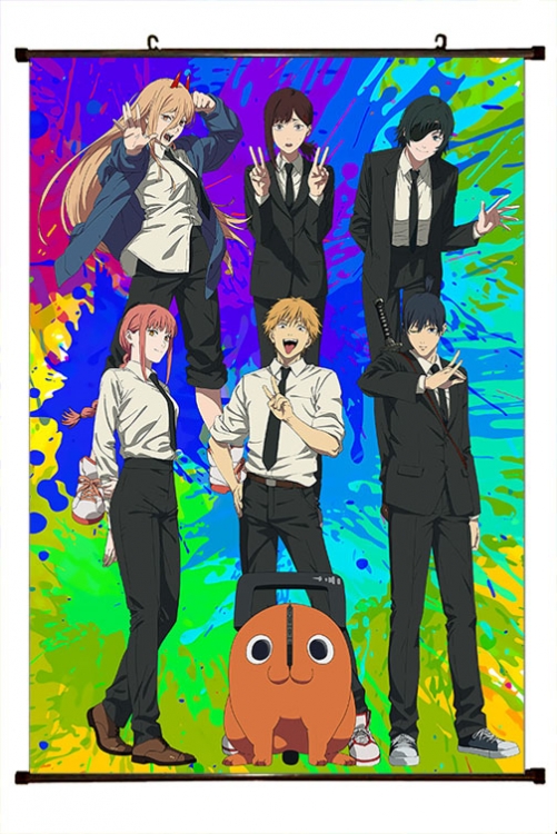 Chainsaw man Anime black Plastic rod Cloth painting Wall Scroll 60X90CM D3-8