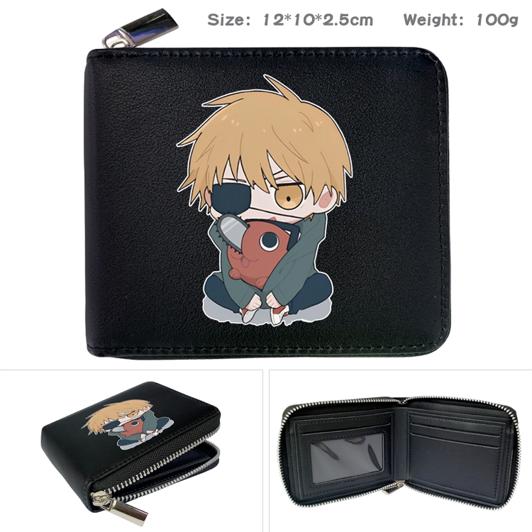 Chainsaw man Anime zipper black leather half-fold wallet 12X10X2.5CM 100G