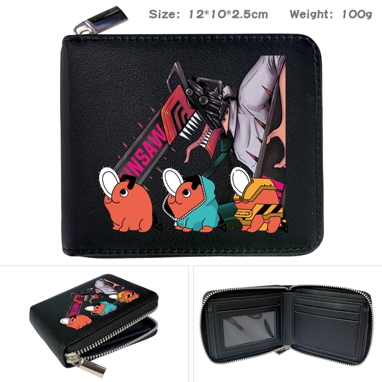 Chainsaw man Anime zipper black leather half-fold wallet 12X10X2.5CM 100G