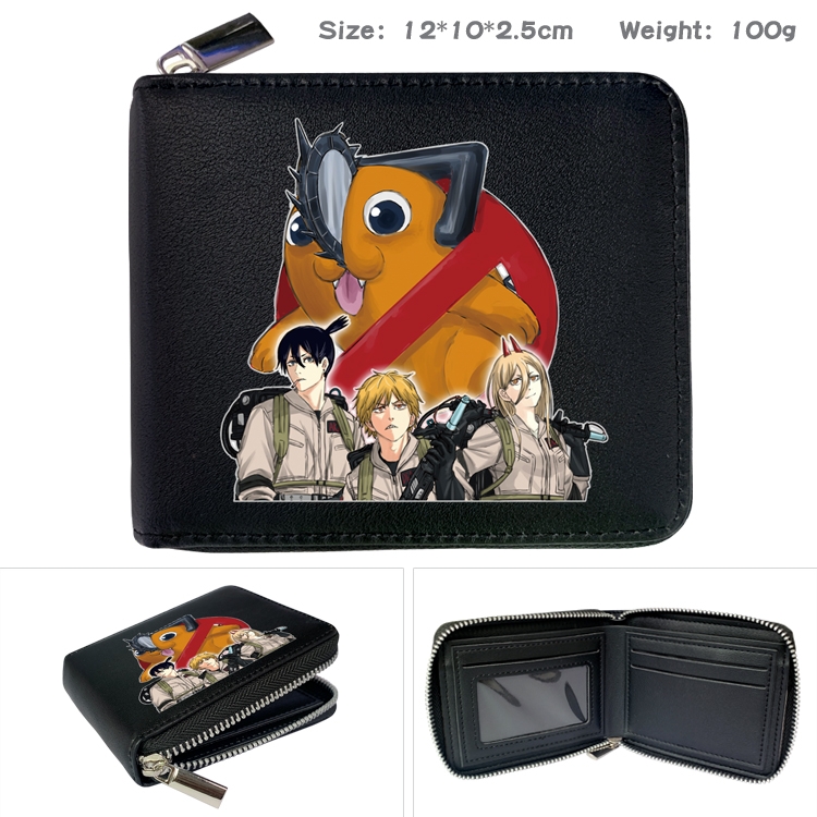 Chainsaw man Anime zipper black leather half-fold wallet 12X10X2.5CM 100G