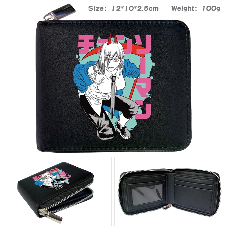 Chainsaw man Anime zipper black leather half-fold wallet 12X10X2.5CM 100G