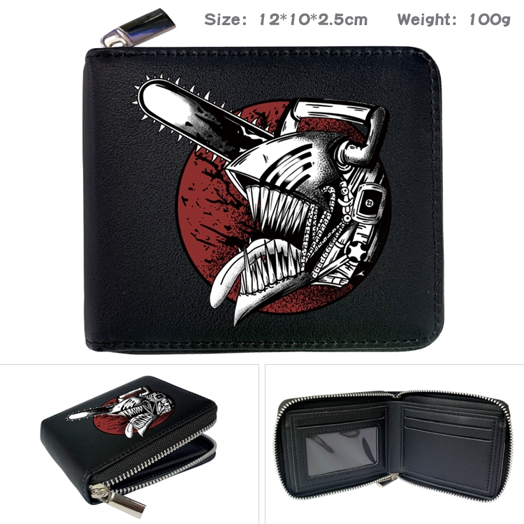 Chainsaw man Anime zipper black leather half-fold wallet 12X10X2.5CM 100G