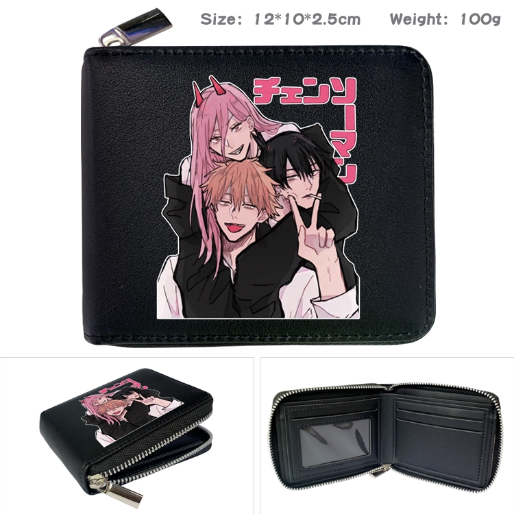 Chainsaw man Anime zipper black leather half-fold wallet 12X10X2.5CM 100G