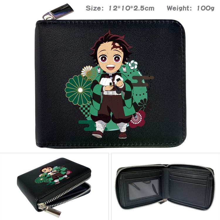 Demon Slayer Kimets Anime zipper black leather half-fold wallet 12X10X2.5CM 100G