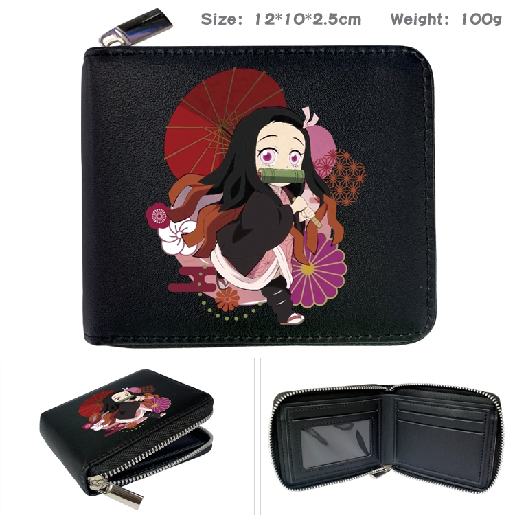 Demon Slayer Kimets Anime zipper black leather half-fold wallet 12X10X2.5CM 100G