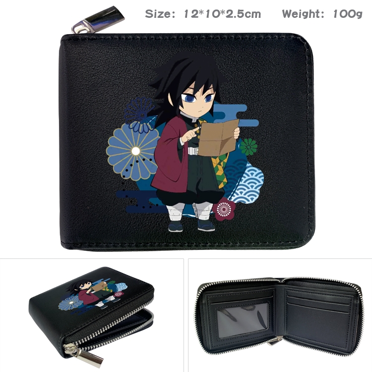 Demon Slayer Kimets Anime zipper black leather half-fold wallet 12X10X2.5CM 100G