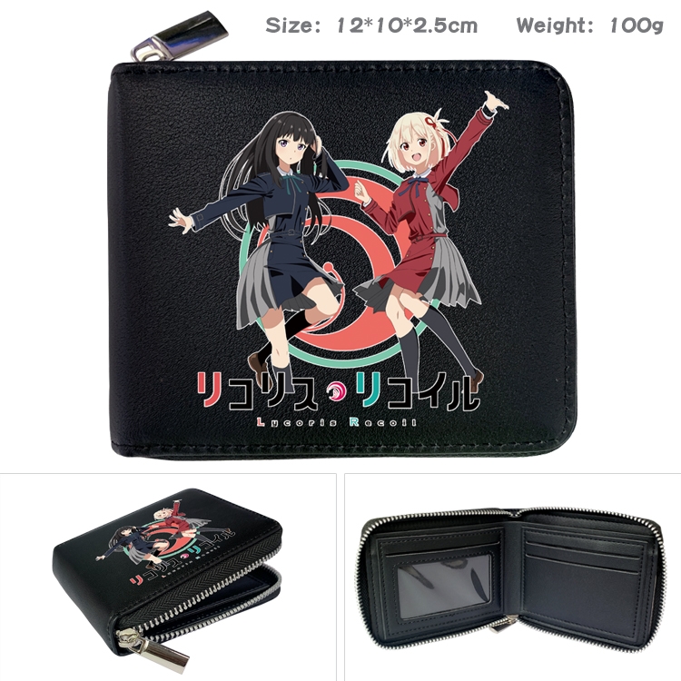 Lycoris Recoil Anime zipper black leather half-fold wallet 12X10X2.5CM