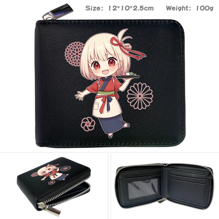 Lycoris Recoil Anime zipper black leather half-fold wallet 12X10X2.5CM