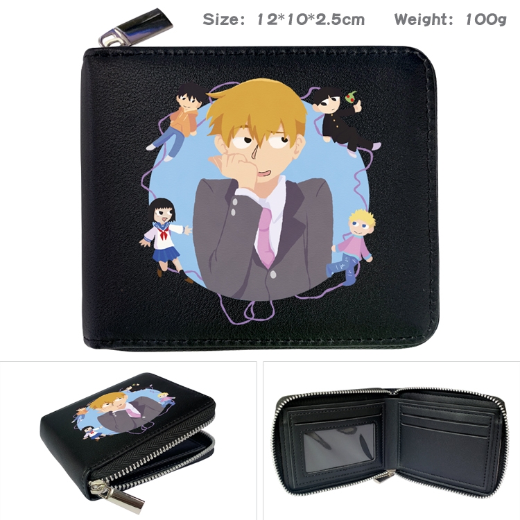 Mob Psycho 100 Anime zipper black leather half-fold wallet 12X10X2.5CM