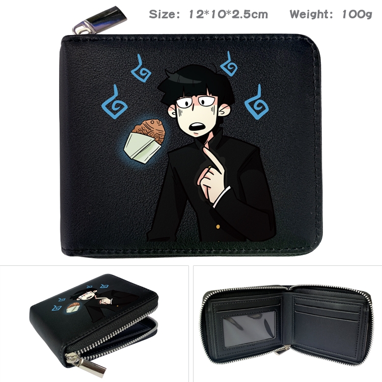 Mob Psycho 100 Anime zipper black leather half-fold wallet 12X10X2.5CM