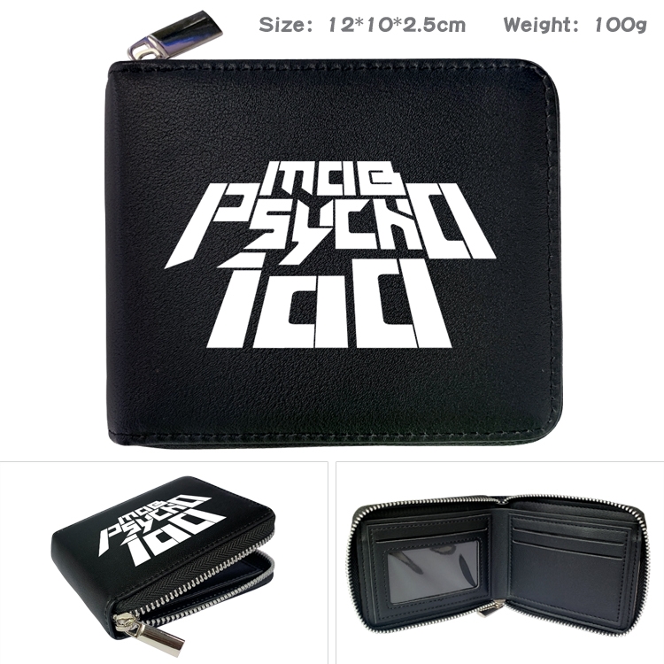 Mob Psycho 100 Anime zipper black leather half-fold wallet 12X10X2.5CM