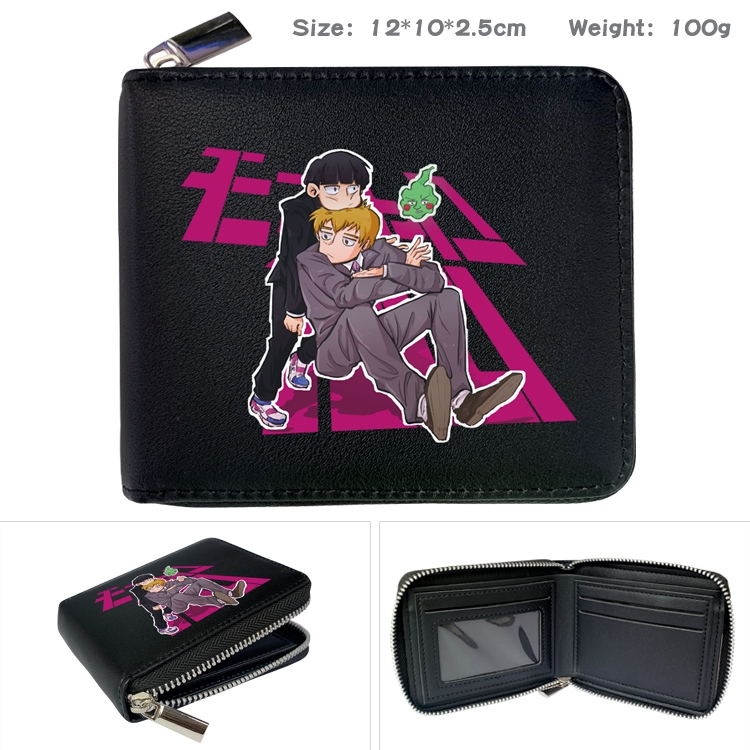 Mob Psycho 100 Anime zipper black leather half-fold wallet 12X10X2.5CM