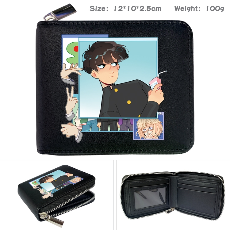 Mob Psycho 100 Anime zipper black leather half-fold wallet 12X10X2.5CM