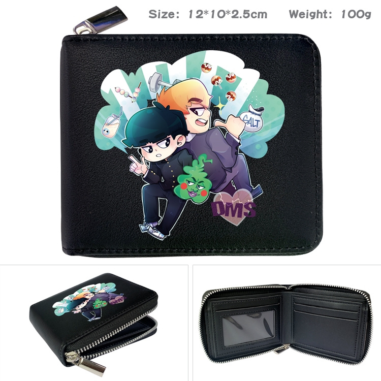 Mob Psycho 100 Anime zipper black leather half-fold wallet 12X10X2.5CM