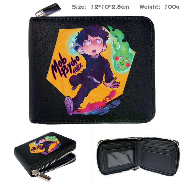 Mob Psycho 100 Anime zipper black leather half-fold wallet 12X10X2.5CM