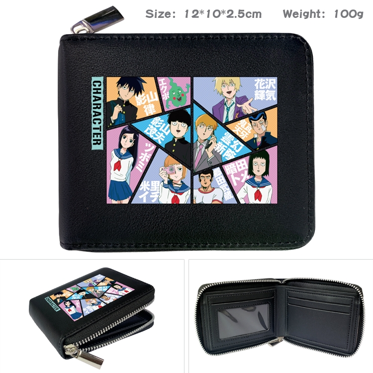 Mob Psycho 100 Anime zipper black leather half-fold wallet 12X10X2.5CM