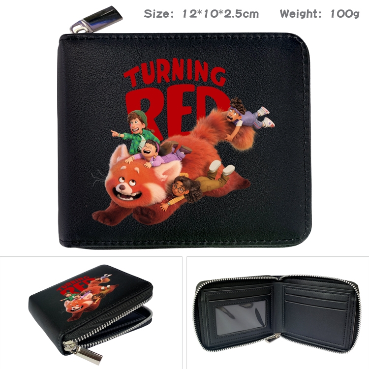 Turning Red Anime zipper black leather half-fold wallet 12X10X2.5CM