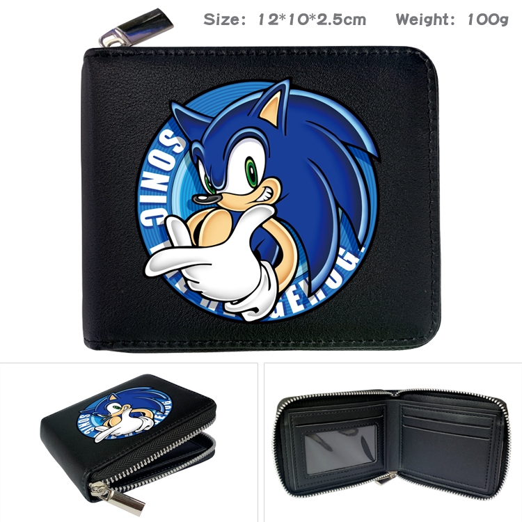 Sonic The Hedgehog Anime zipper black leather half-fold wallet 12X10X2.5CM