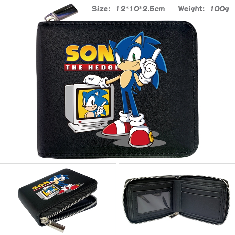 Sonic The Hedgehog Anime zipper black leather half-fold wallet 12X10X2.5CM