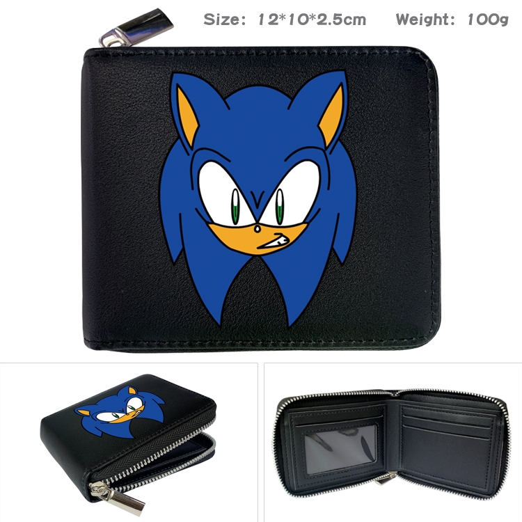 Sonic The Hedgehog Anime zipper black leather half-fold wallet 12X10X2.5CM