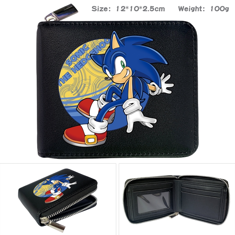 Sonic The Hedgehog Anime zipper black leather half-fold wallet 12X10X2.5CM