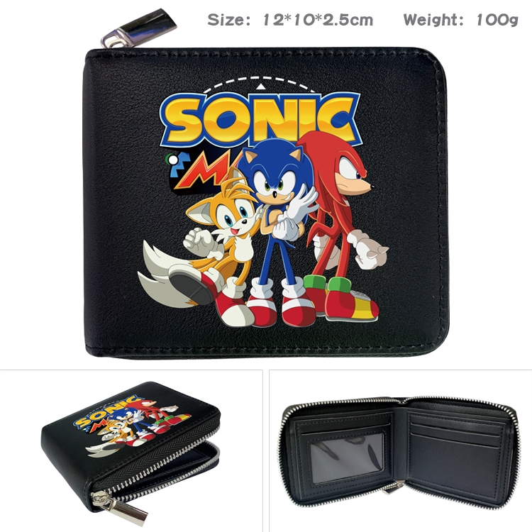 Sonic The Hedgehog Anime zipper black leather half-fold wallet 12X10X2.5CM