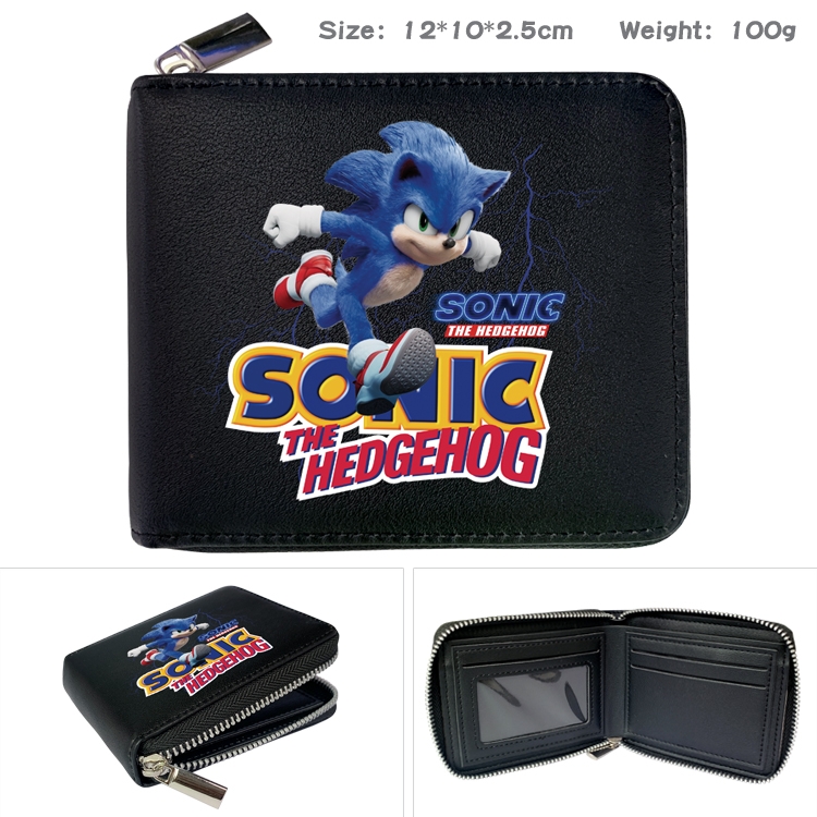 Sonic The Hedgehog Anime zipper black leather half-fold wallet 12X10X2.5CM