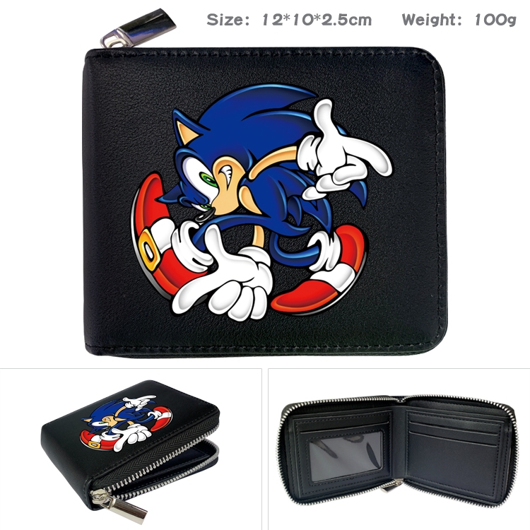 Sonic The Hedgehog Anime zipper black leather half-fold wallet 12X10X2.5CM