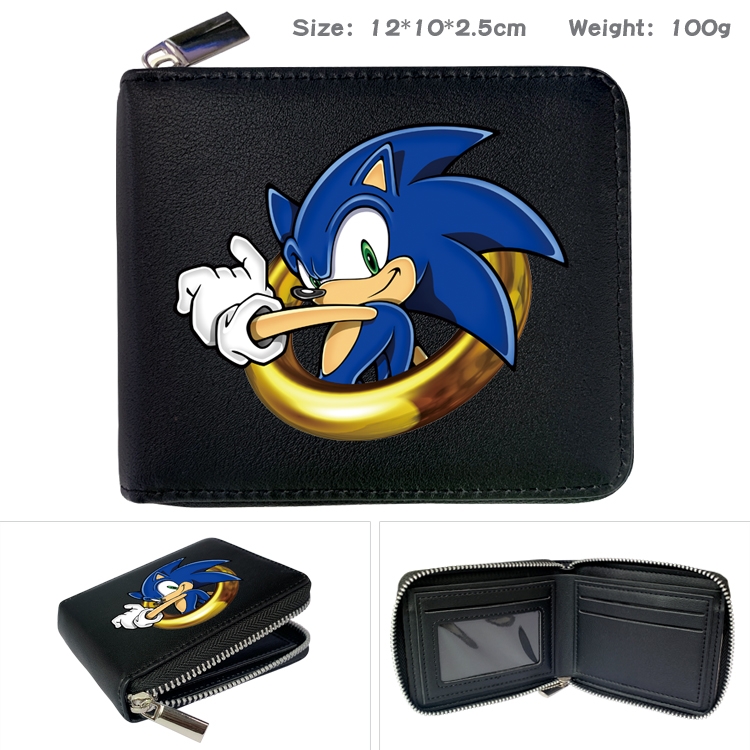 Sonic The Hedgehog Anime zipper black leather half-fold wallet 12X10X2.5CM