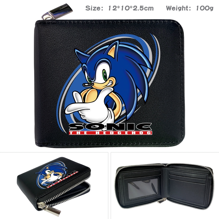 Sonic The Hedgehog Anime zipper black leather half-fold wallet 12X10X2.5CM