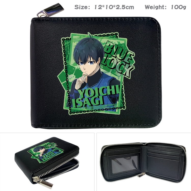 BLUE LOCK Anime zipper black leather half-fold wallet 12X10X2.5CM 100G