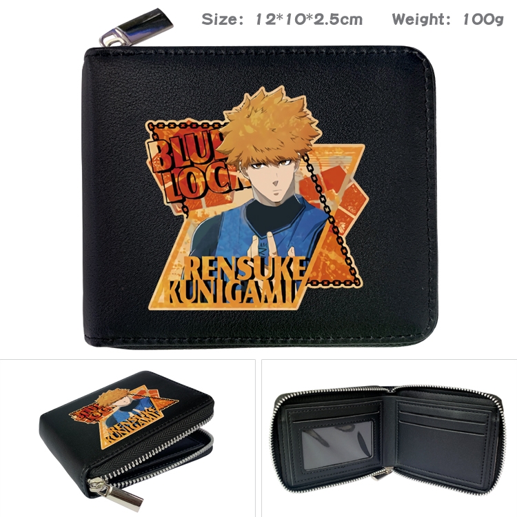 BLUE LOCK Anime zipper black leather half-fold wallet 12X10X2.5CM 100G