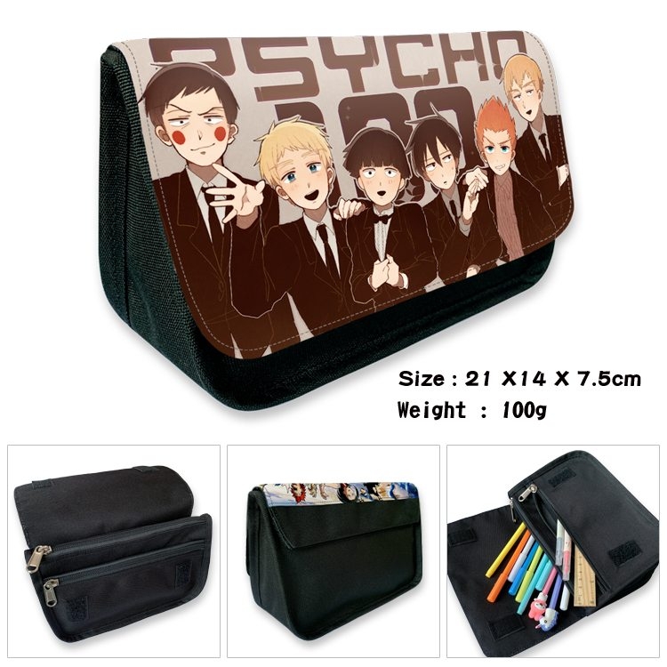 Mob Psycho 100 Anime Velcro canvas zipper pencil case Pencil Bag 21×14×7.5cm