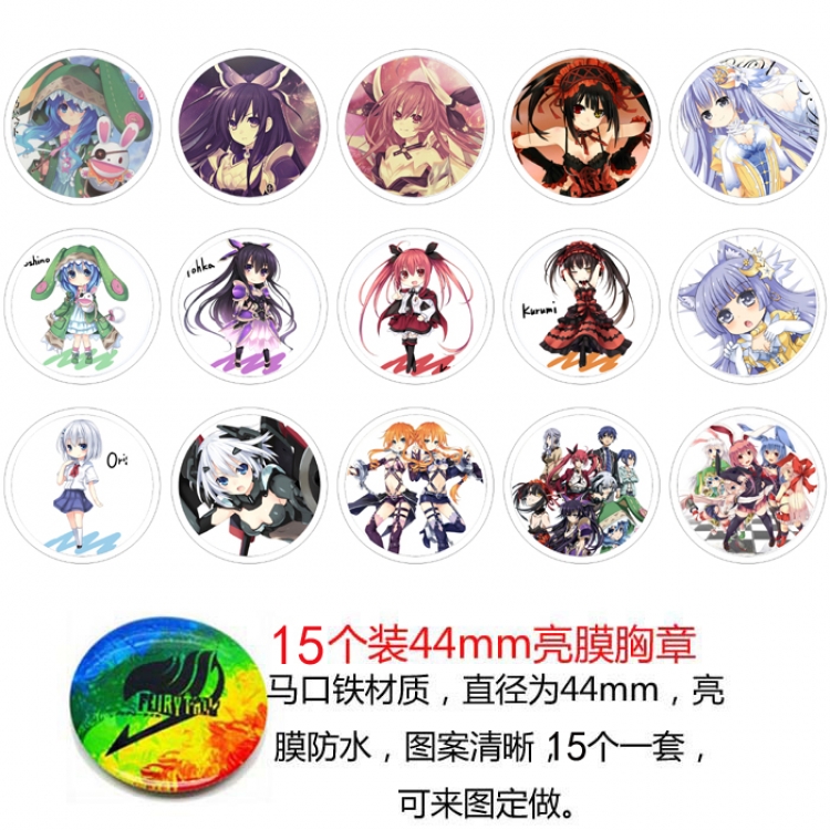 Date-A-Live Anime round Badge Bright film badge Brooch 44mm a set of 15