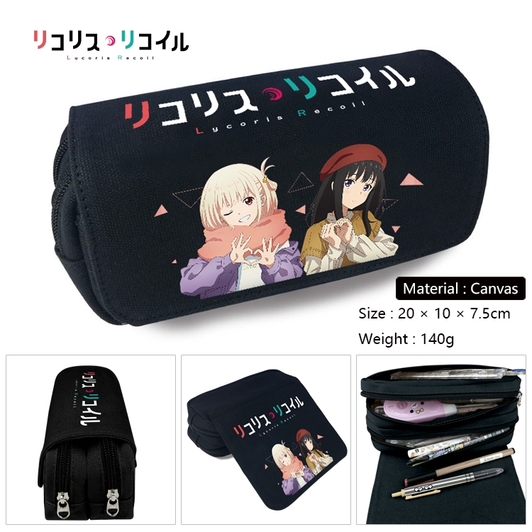 Lycoris Recoil Multi-Function Double Zipper Canvas Cosmetic Bag Pen Case 20x10x7.5cm