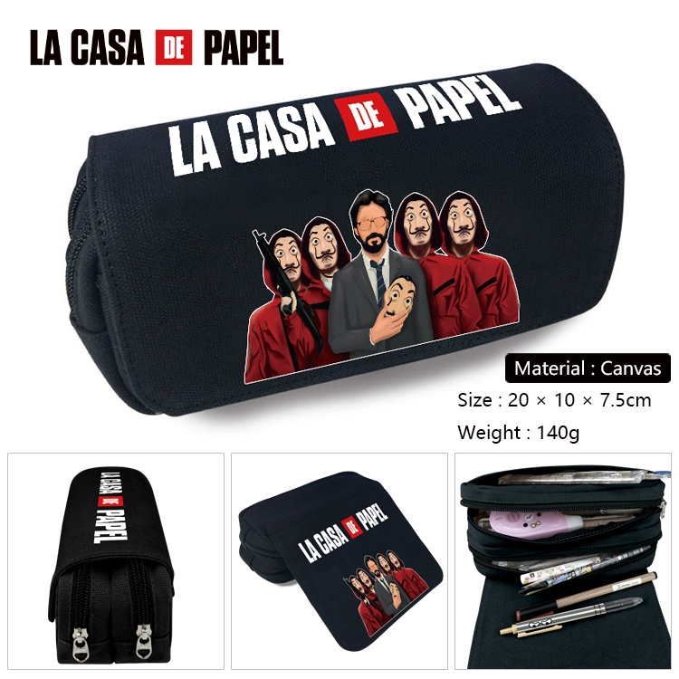 Money Heist Anime Multi-Function Double Zipper Canvas Cosmetic Bag Pen Case 20x10x7.5cm