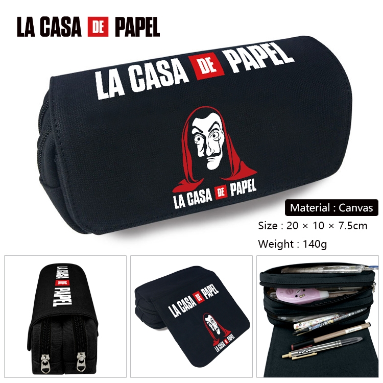 Money Heist Anime Multi-Function Double Zipper Canvas Cosmetic Bag Pen Case 20x10x7.5cm