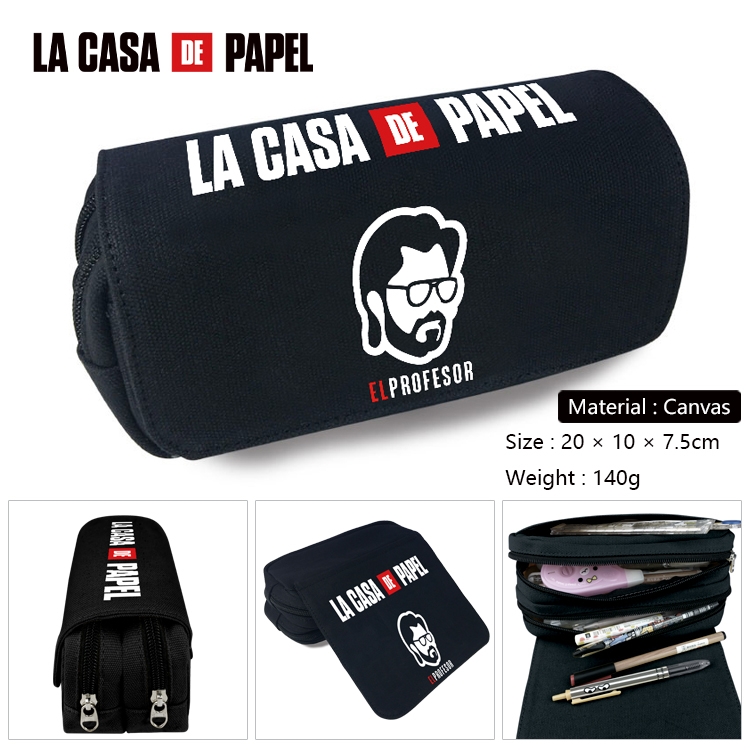 Money Heist Anime Multi-Function Double Zipper Canvas Cosmetic Bag Pen Case 20x10x7.5cm