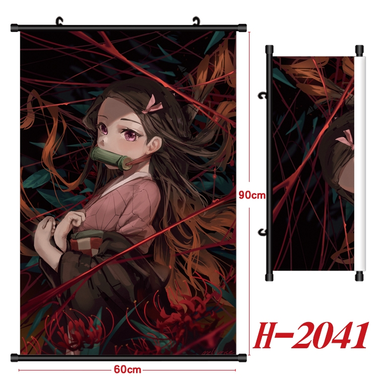 Demon Slayer Kimets Anime Black Plastic Rod Canvas Painting Wall Scroll 60X90CM  H-2041A