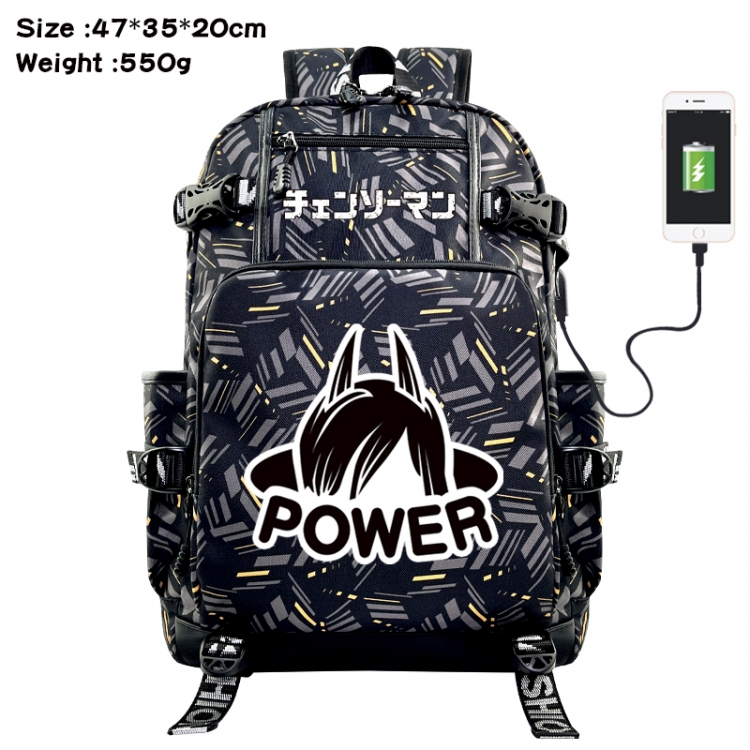 Chainsaw man Anime data cable camouflage print USB backpack schoolbag 47x35x20cm