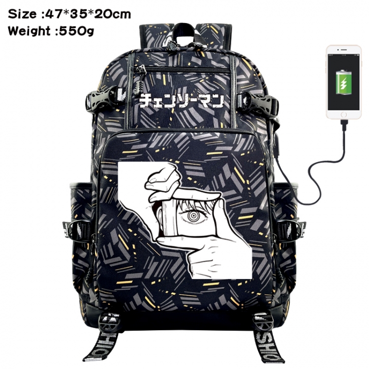 Chainsaw man Anime data cable camouflage print USB backpack schoolbag 47x35x20cm