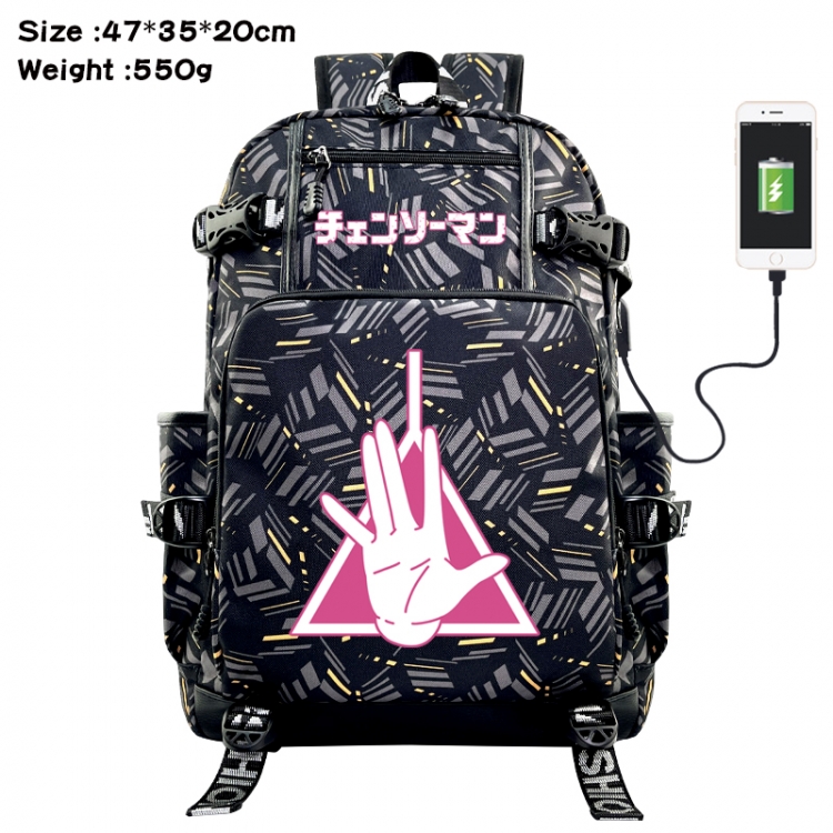 Chainsaw man Anime data cable camouflage print USB backpack schoolbag 47x35x20cm