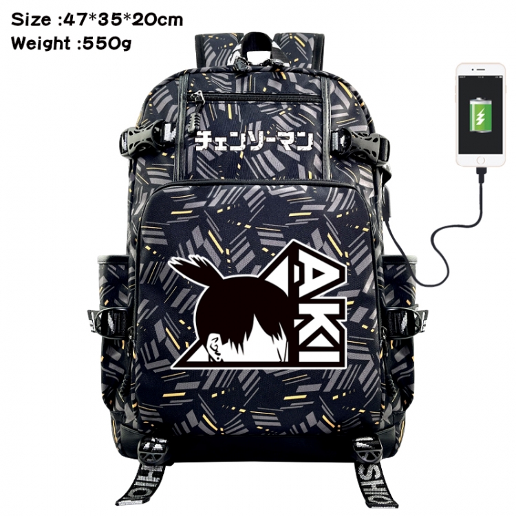 Chainsaw man Anime data cable camouflage print USB backpack schoolbag 47x35x20cm