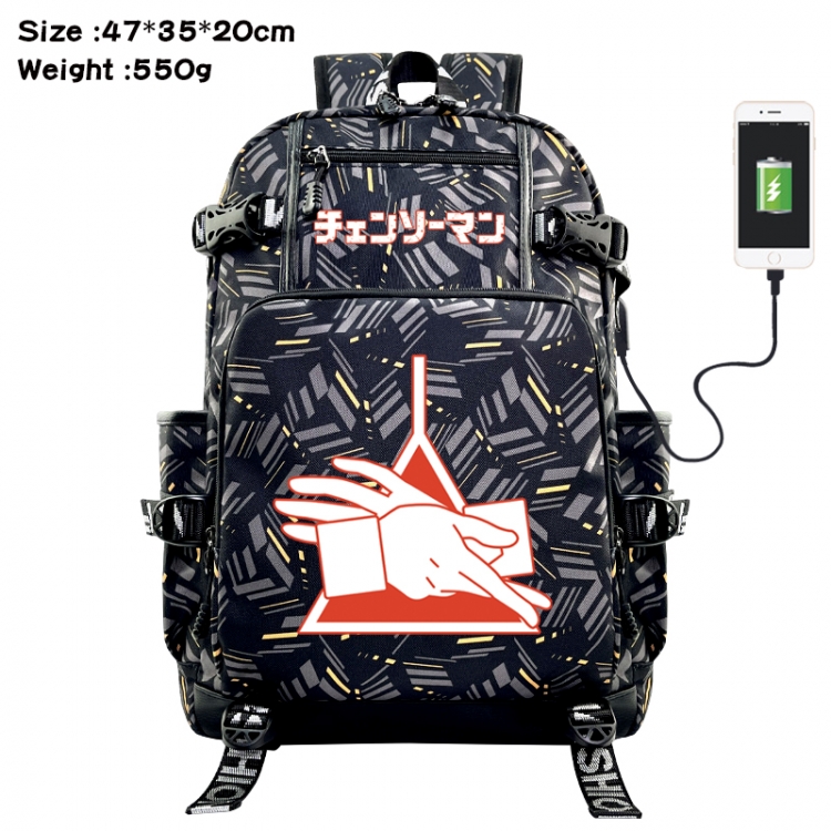 Chainsaw man Anime data cable camouflage print USB backpack schoolbag 47x35x20cm