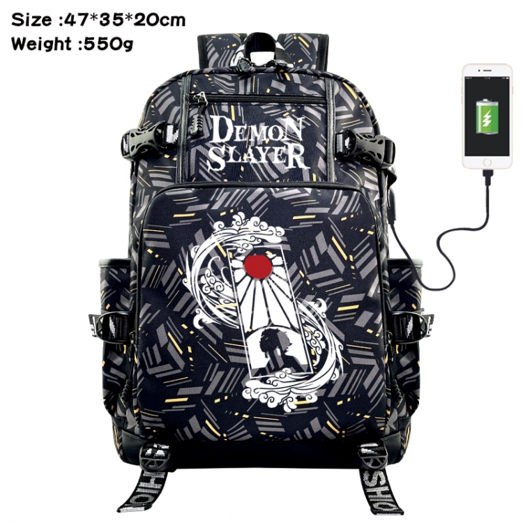 Demon Slayer Kimets Anime data cable camouflage print USB backpack schoolbag 47x35x20cm